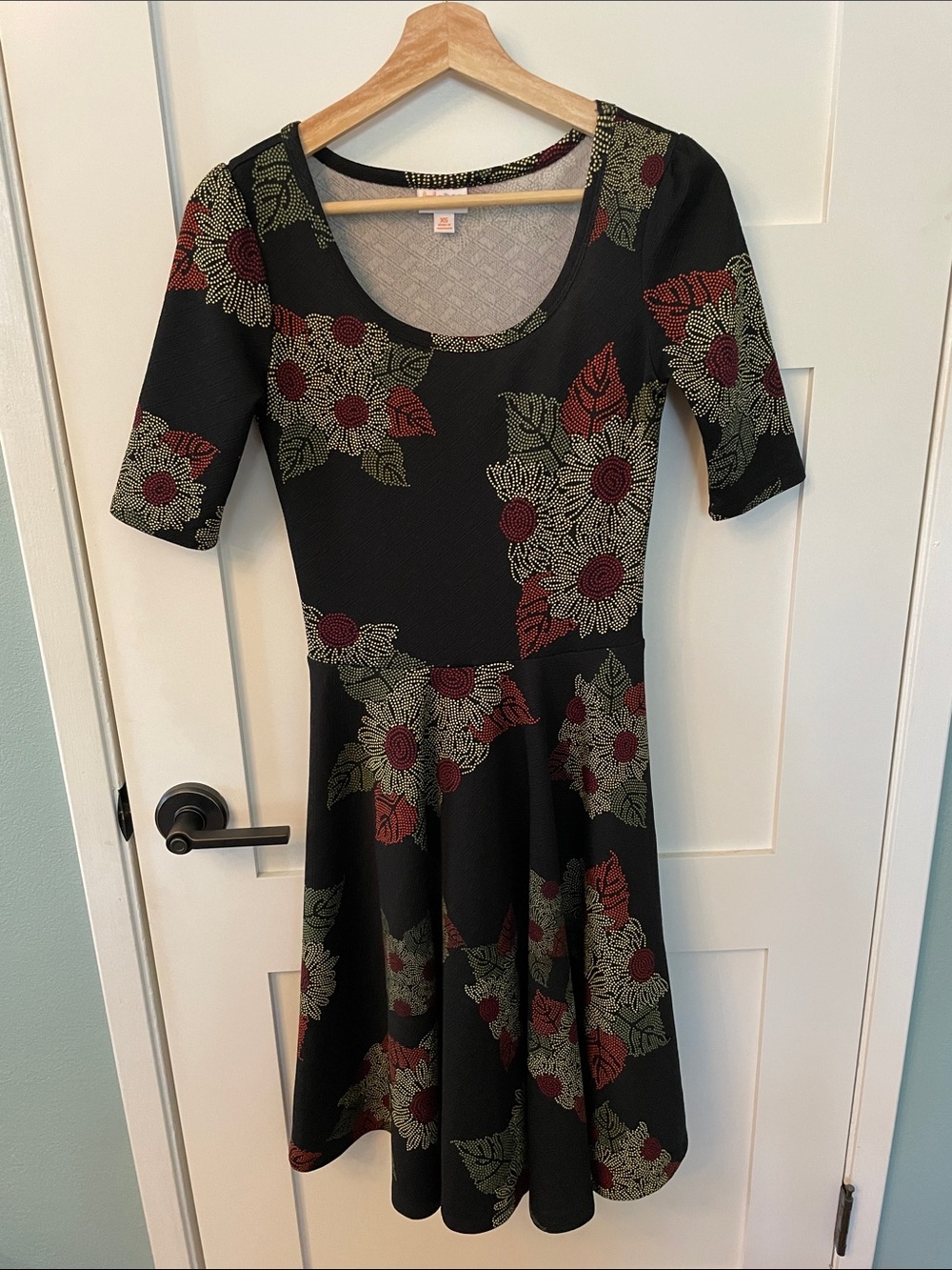 LuLaRoe Black Midi Dress with Red and Olive Floral Print